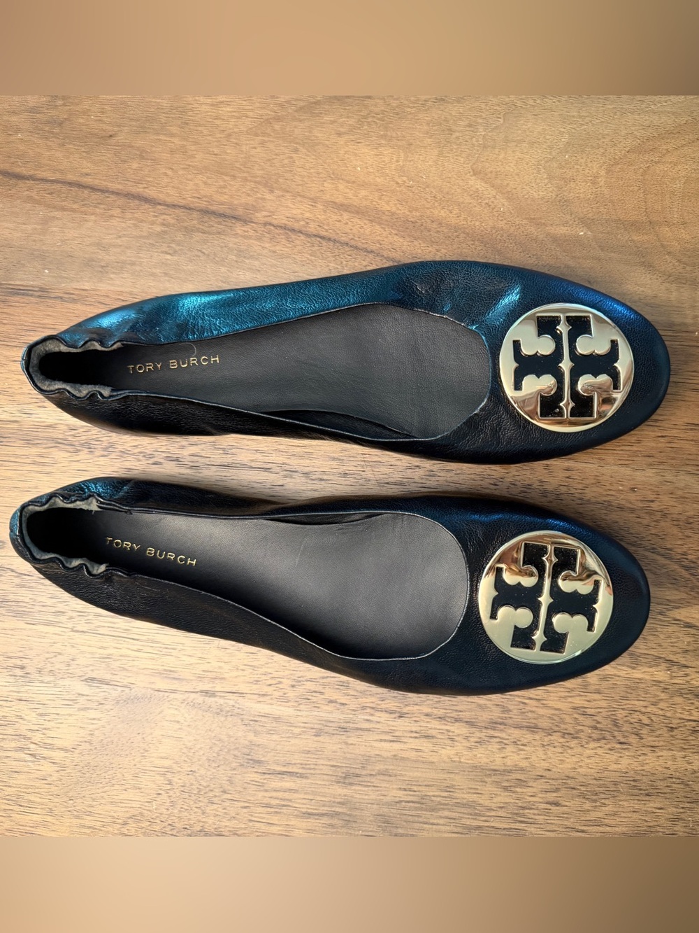 Tory Burch Black Leather Flats with Gold Logo Medallion